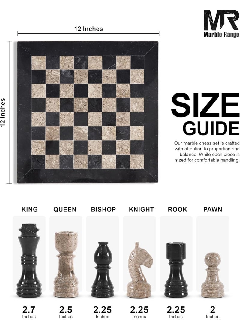 MARBLE RANGE Marble Chess Set for Adults 12" Handmade Black & Oceanic Board Game with 32 Chess Pieces, 2 Extra Queens & Storage Box, Luxury Travel Game, Elegant for Home Decor - Image 2